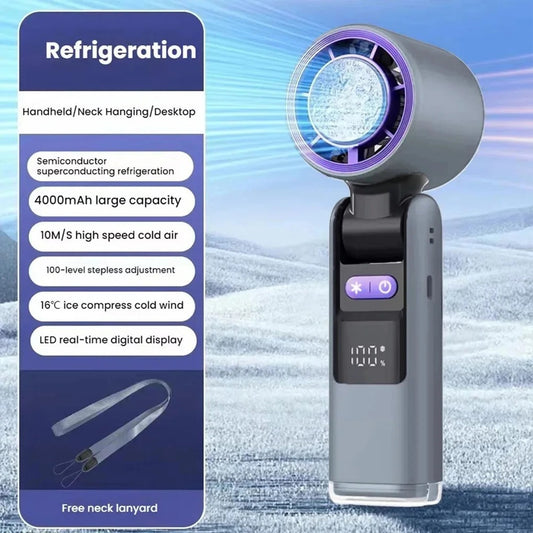 Violent Ice Cooling Fan Handheld Portable Fan Rechargeable Speed Ice Cooling Handheld Small Fan High Speed Folding Neck Type Fan Random Color